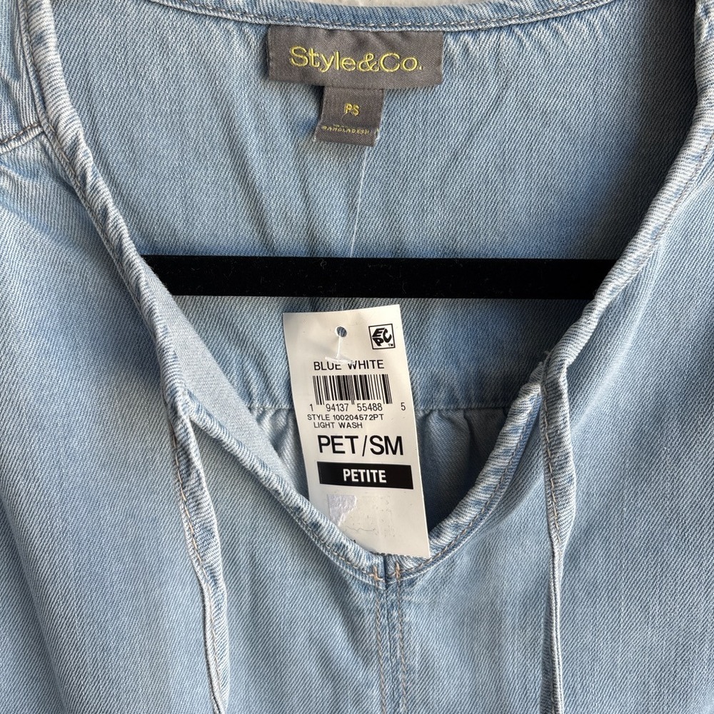 Womens PS Denim Blouse Blue Cotton Tie Neck Roll Tab Boho Cottage Coastal - Picture 2 of 7